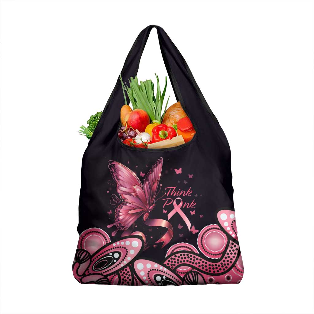 Think Pink Butterfly Ribbon Aboriginal Art Grocery Bag