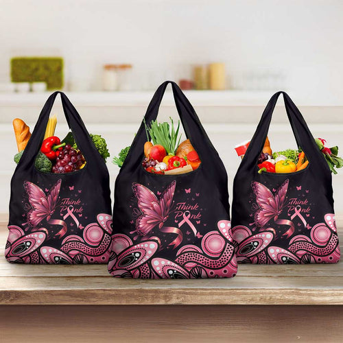 Think Pink Butterfly Ribbon Aboriginal Art Grocery Bag