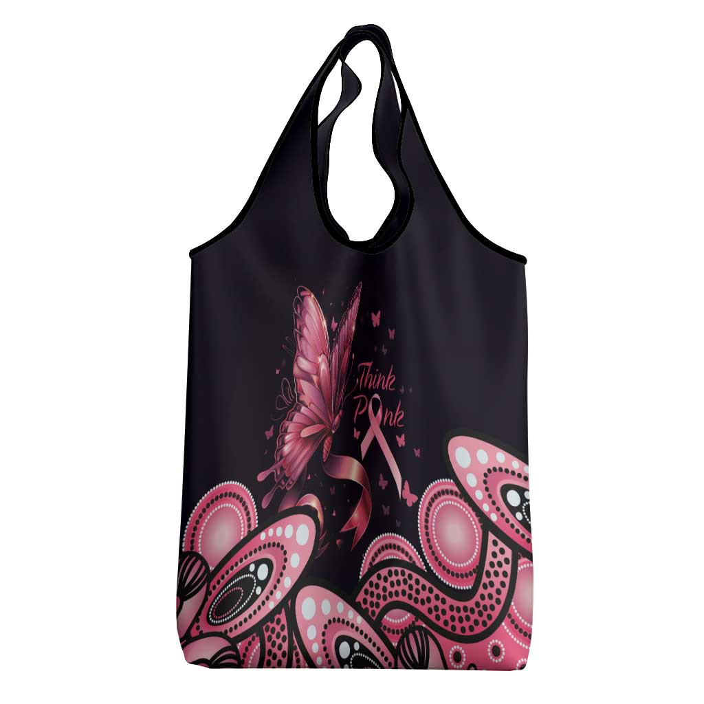 Think Pink Butterfly Ribbon Aboriginal Art Grocery Bag