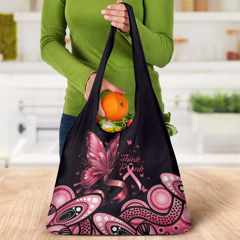 Think Pink Butterfly Ribbon Aboriginal Art Grocery Bag
