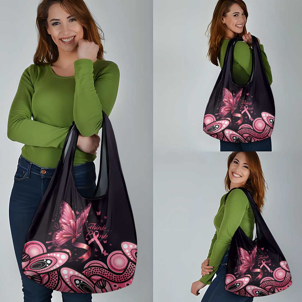 Think Pink Butterfly Ribbon Aboriginal Art Grocery Bag