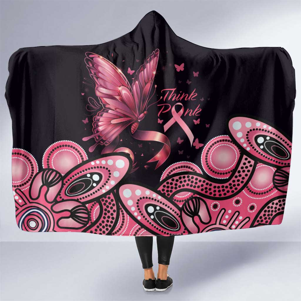 Think Pink Butterfly Ribbon Aboriginal Art Hooded Blanket