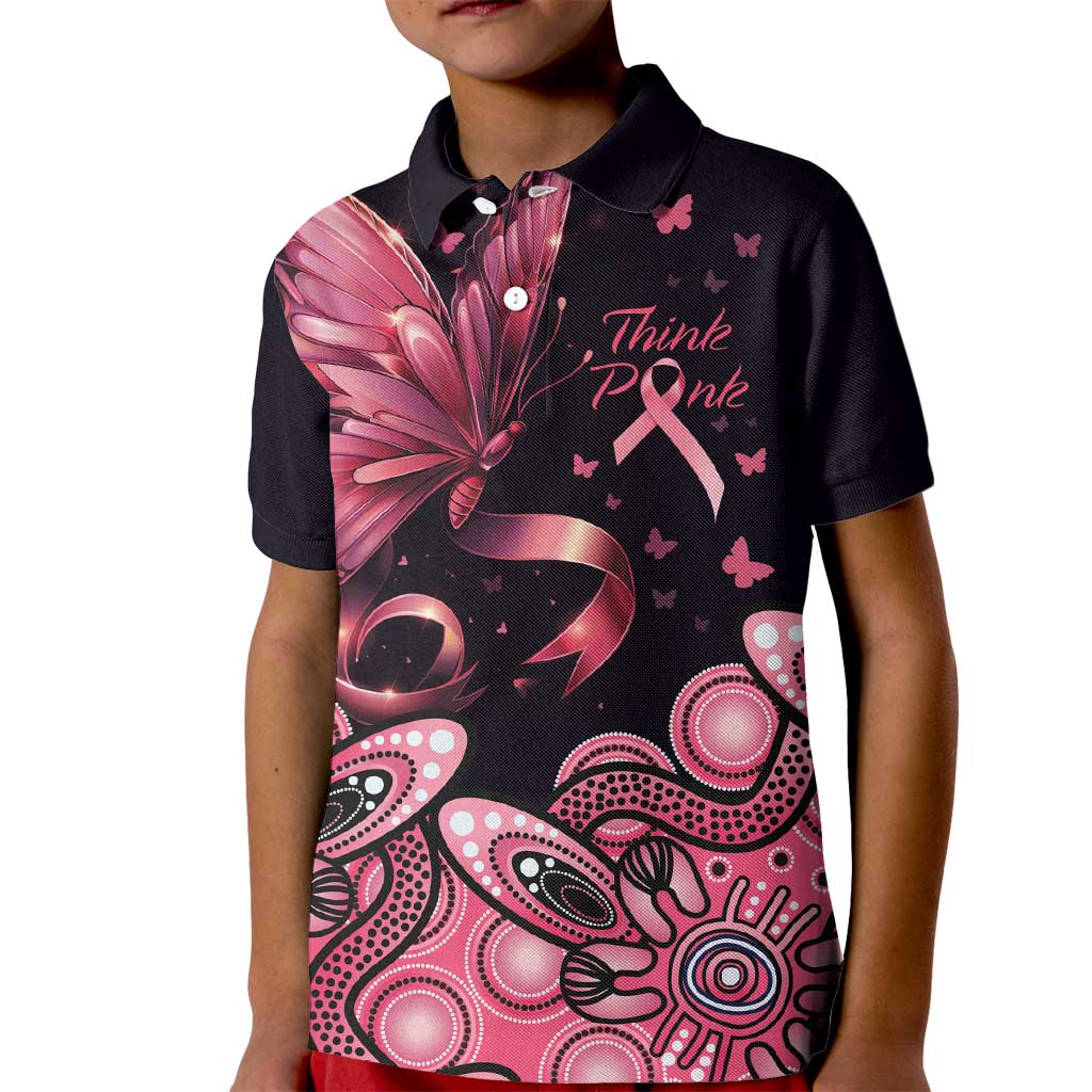Think Pink Butterfly Ribbon Aboriginal Art Kid Polo Shirt