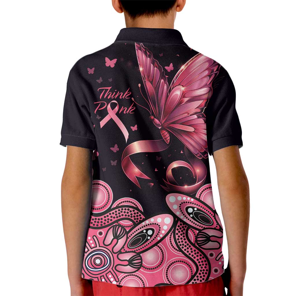 Think Pink Butterfly Ribbon Aboriginal Art Kid Polo Shirt