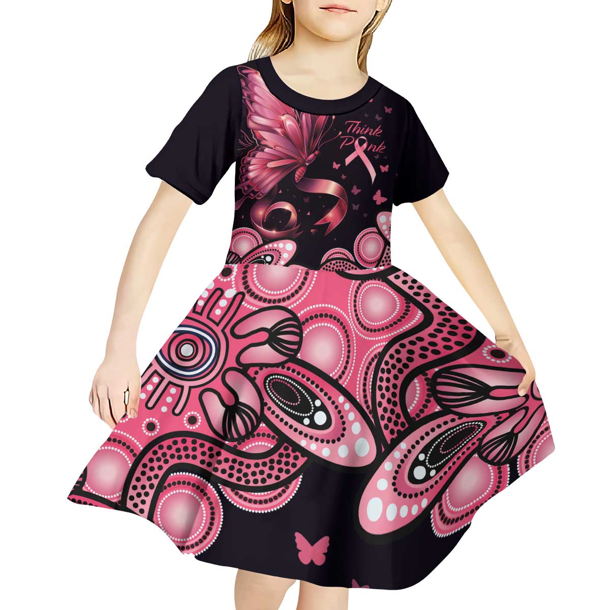 Think Pink Butterfly Ribbon Aboriginal Art Kid Short Sleeve Dress
