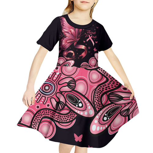 Think Pink Butterfly Ribbon Aboriginal Art Kid Short Sleeve Dress