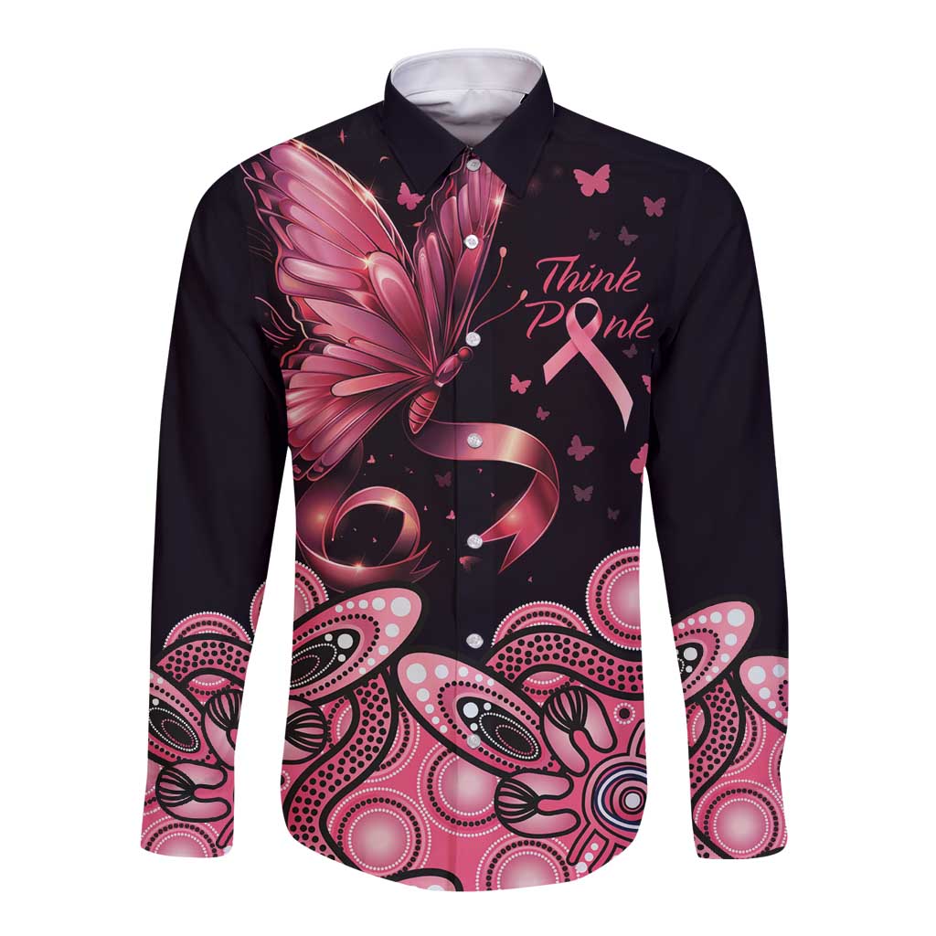 Think Pink Butterfly Ribbon Aboriginal Art Long Sleeve Button Shirt