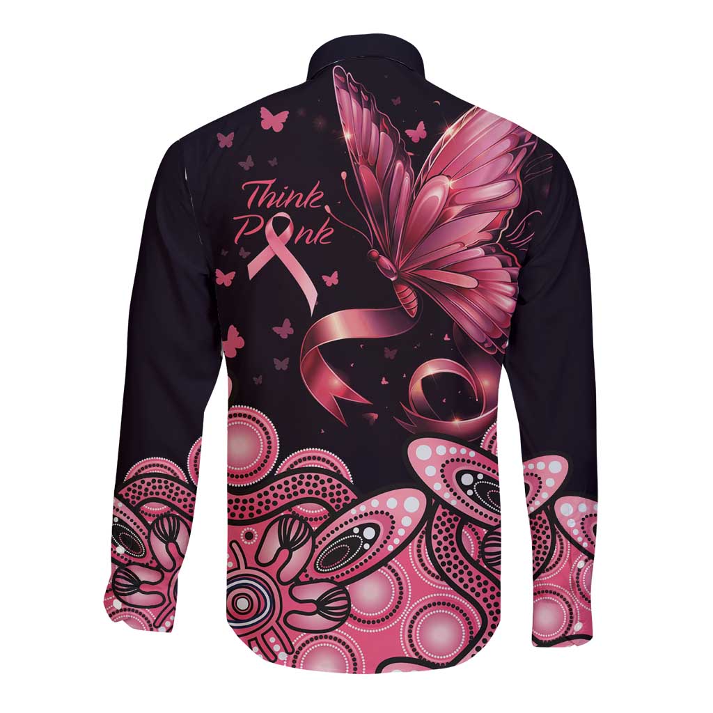 Think Pink Butterfly Ribbon Aboriginal Art Long Sleeve Button Shirt