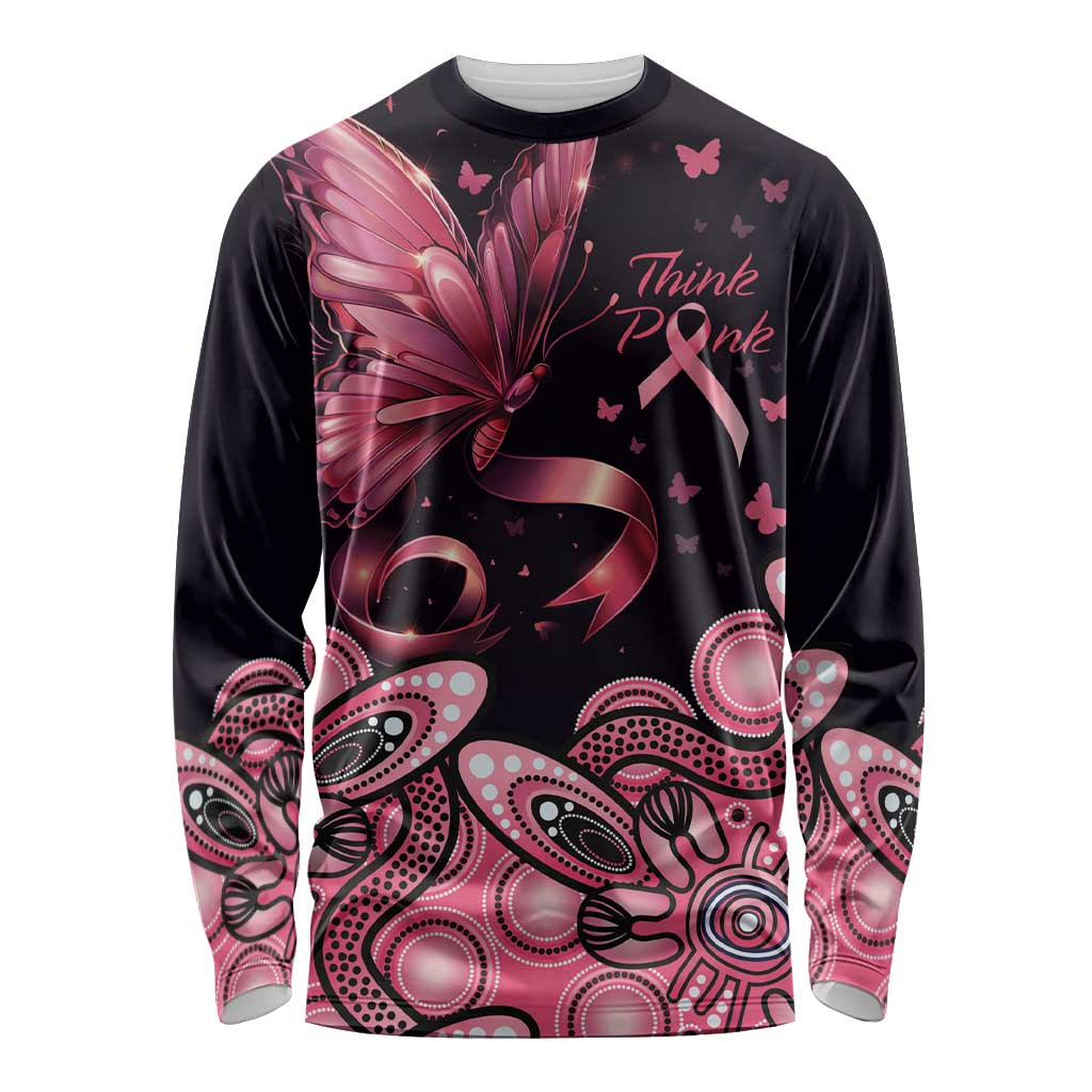 Think Pink Butterfly Ribbon Aboriginal Art Long Sleeve Shirt