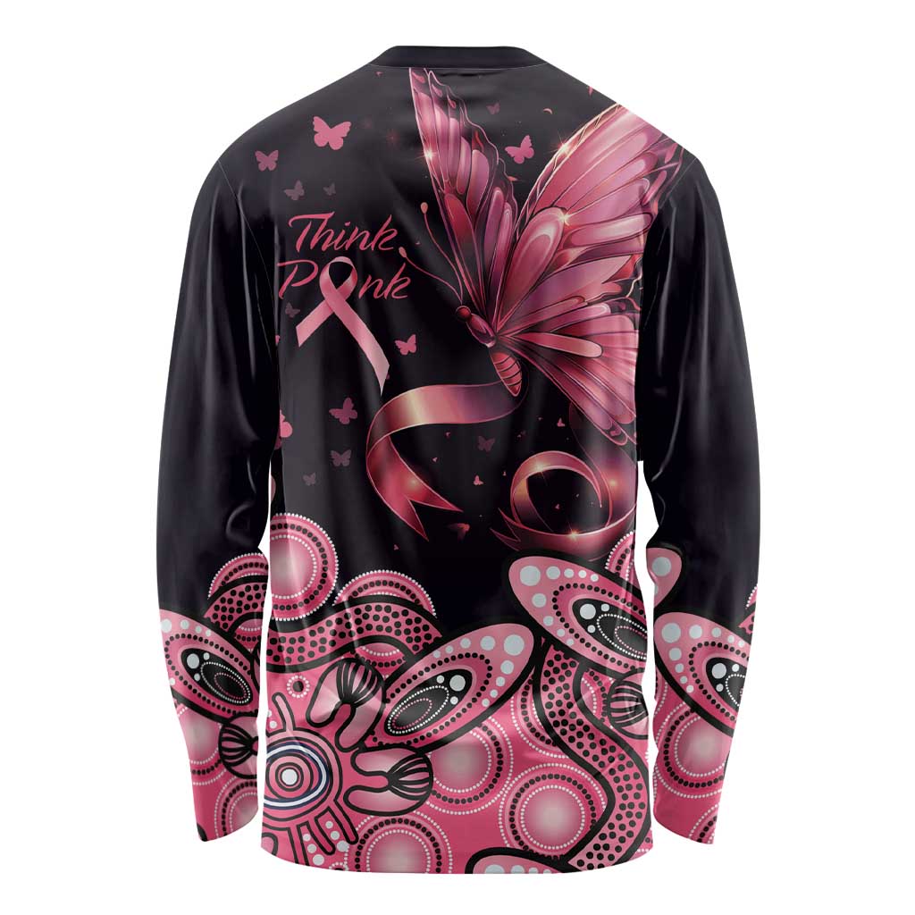 Think Pink Butterfly Ribbon Aboriginal Art Long Sleeve Shirt