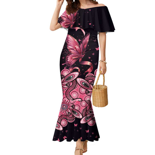 Think Pink Butterfly Ribbon Aboriginal Art Mermaid Dress