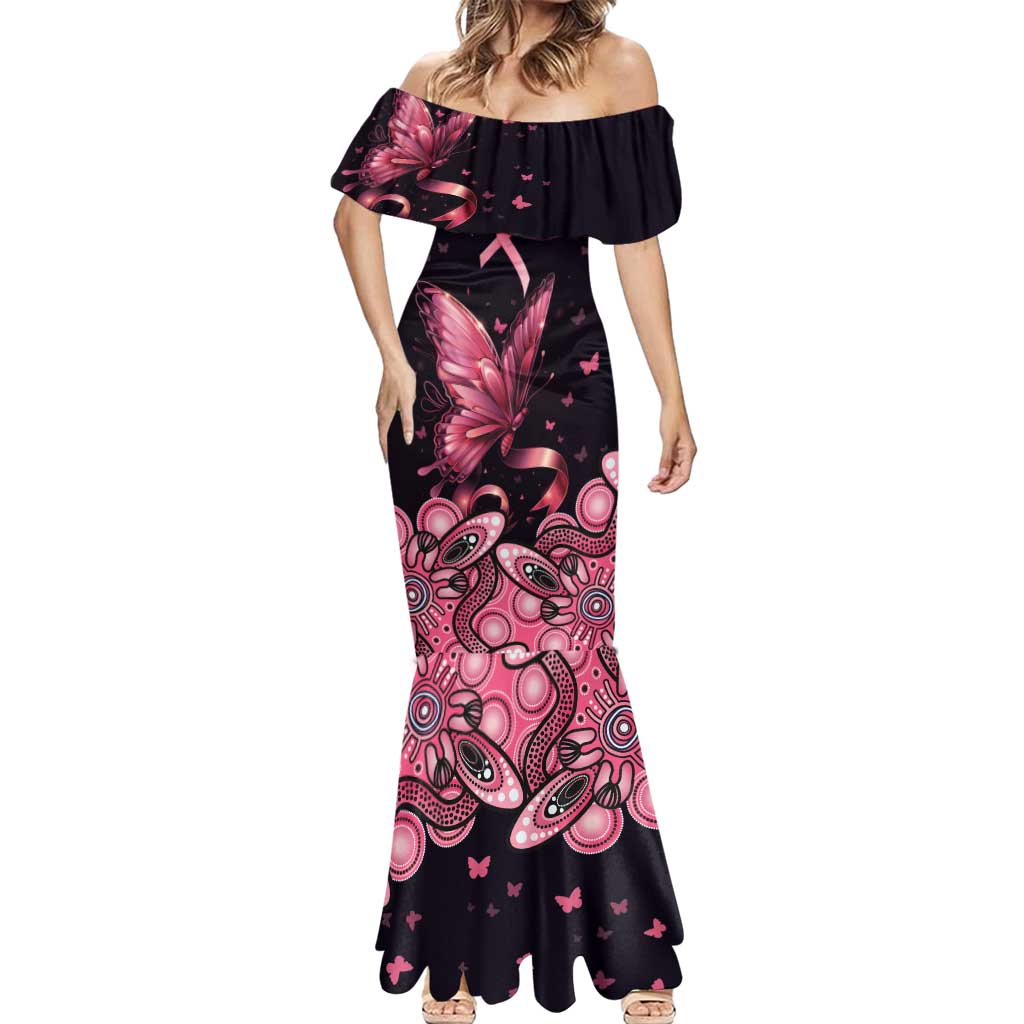Think Pink Butterfly Ribbon Aboriginal Art Mermaid Dress