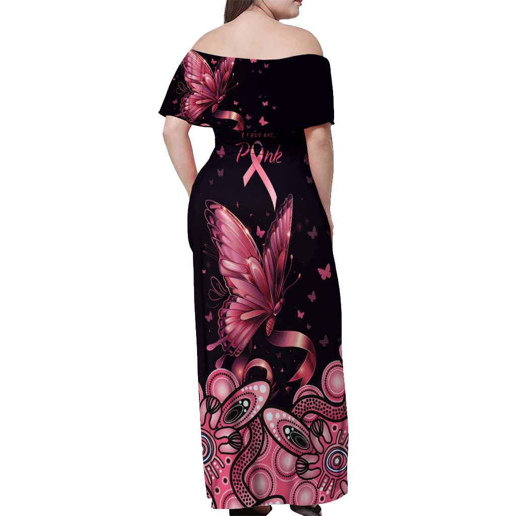 Think Pink Butterfly Ribbon Aboriginal Art Off Shoulder Maxi Dress