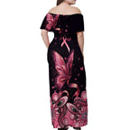 Think Pink Butterfly Ribbon Aboriginal Art Off Shoulder Maxi Dress