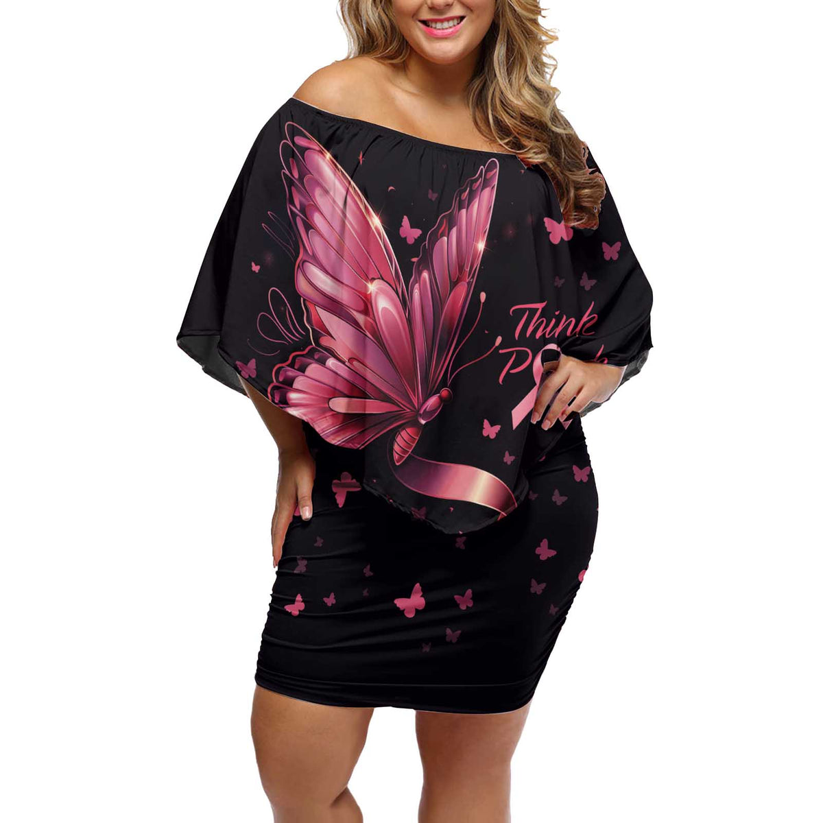 Think Pink Butterfly Ribbon Aboriginal Art Off Shoulder Short Dress