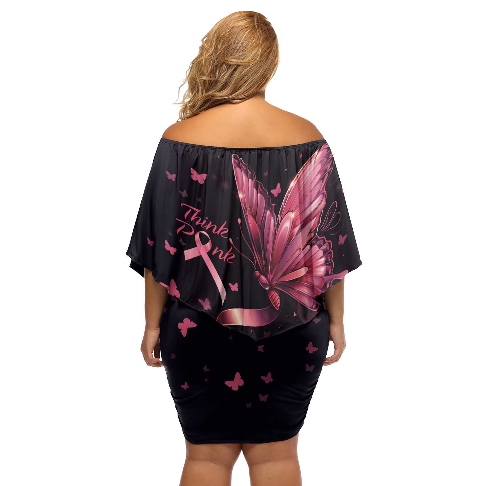 Think Pink Butterfly Ribbon Aboriginal Art Off Shoulder Short Dress
