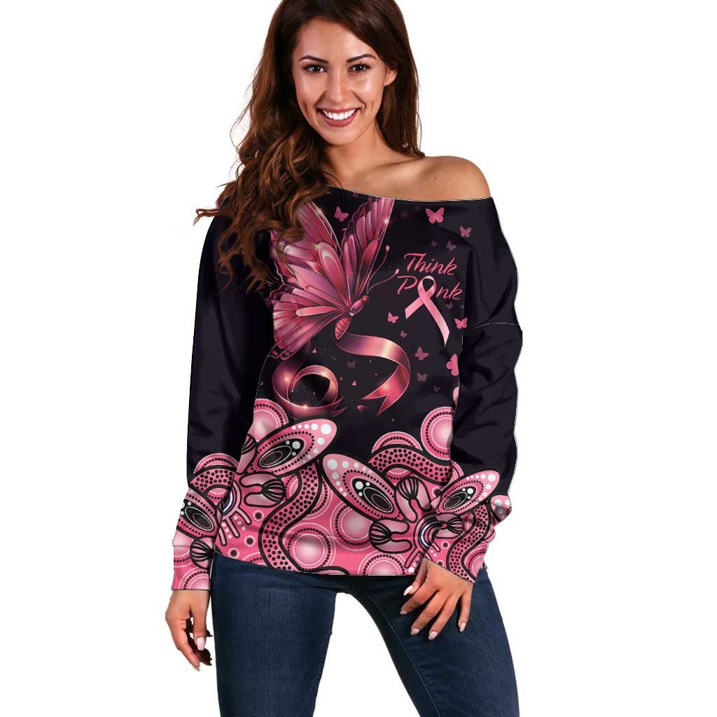Think Pink Butterfly Ribbon Aboriginal Art Off Shoulder Sweater