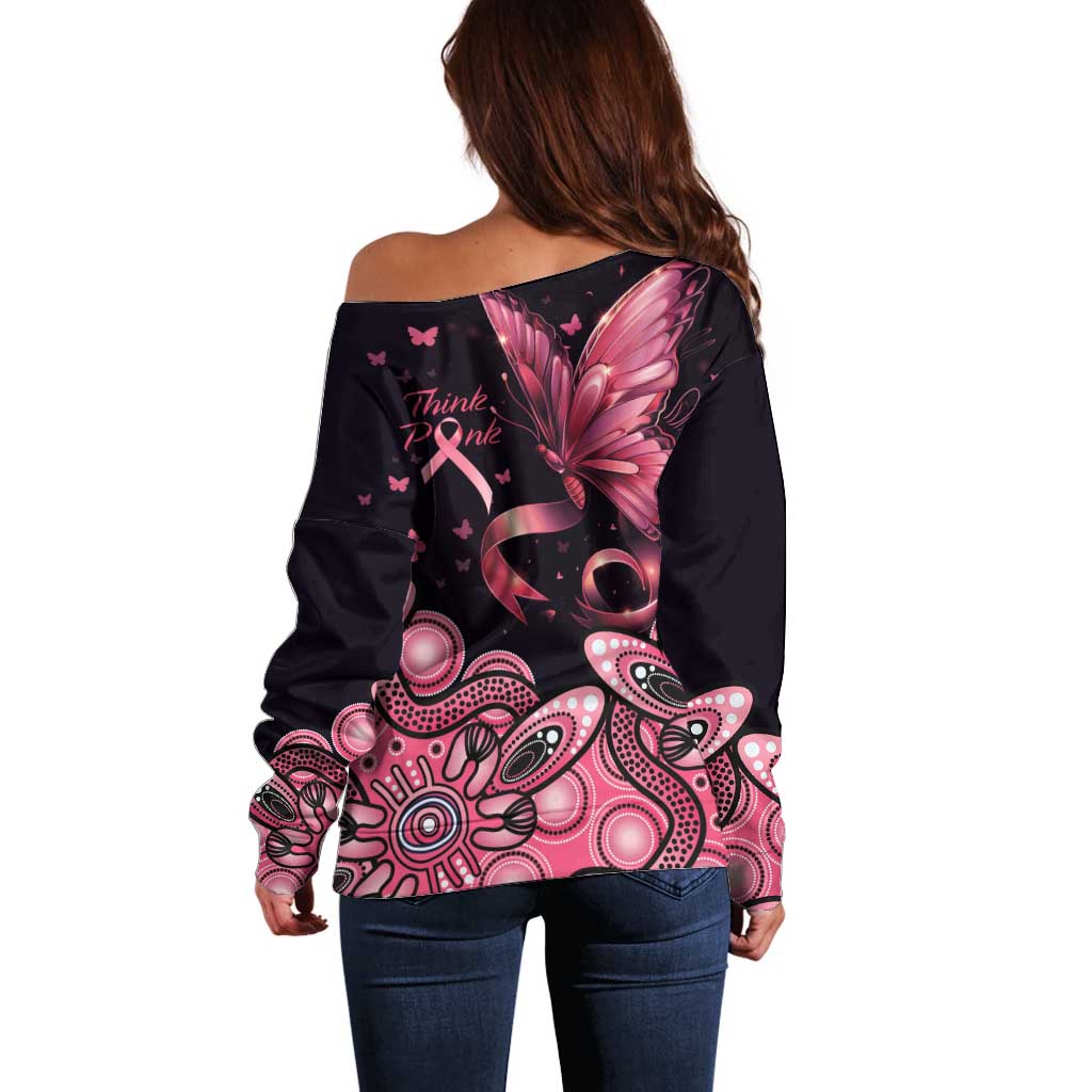 Think Pink Butterfly Ribbon Aboriginal Art Off Shoulder Sweater
