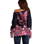 Think Pink Butterfly Ribbon Aboriginal Art Off Shoulder Sweater