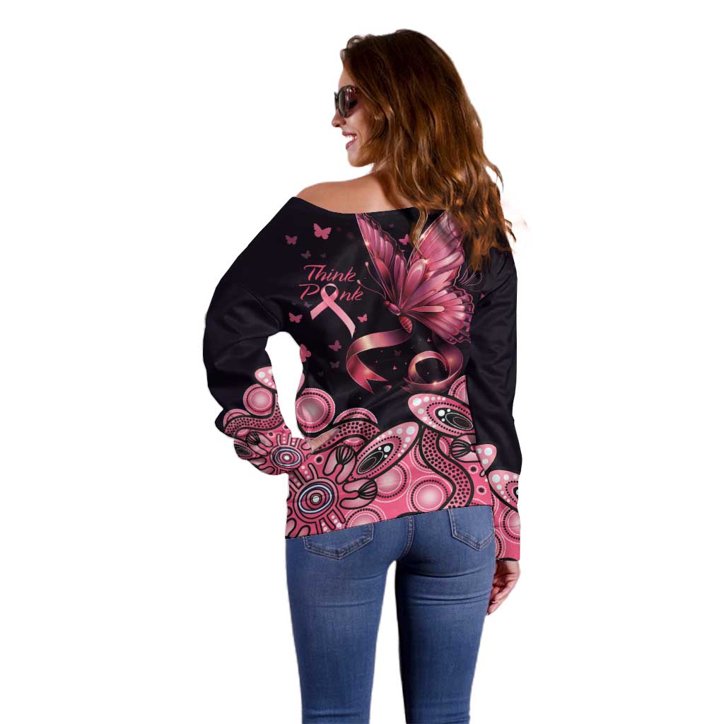 Think Pink Butterfly Ribbon Aboriginal Art Off Shoulder Sweater