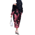 Think Pink Butterfly Ribbon Aboriginal Art Off The Shoulder Long Sleeve Dress