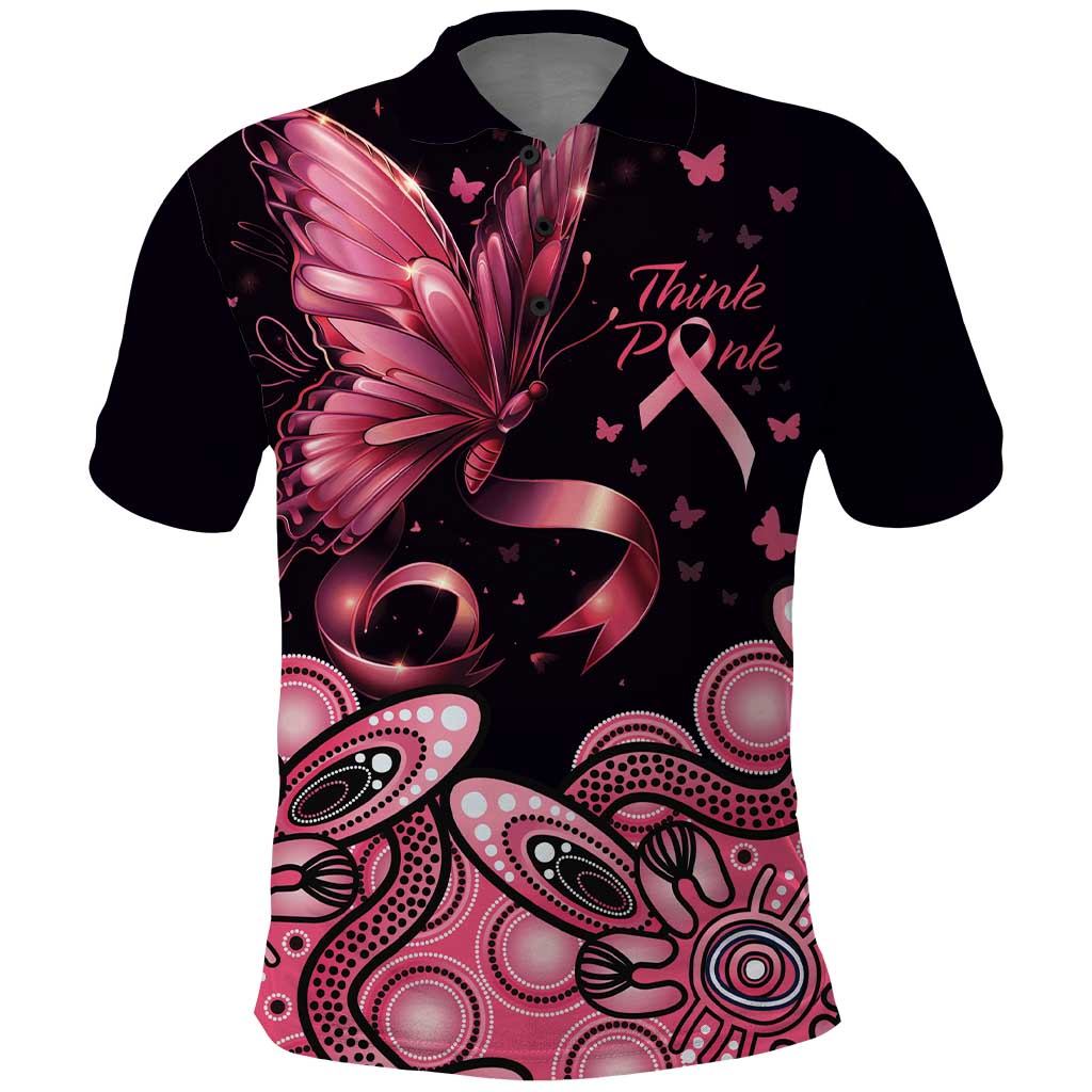 Think Pink Butterfly Ribbon Aboriginal Art Polo Shirt