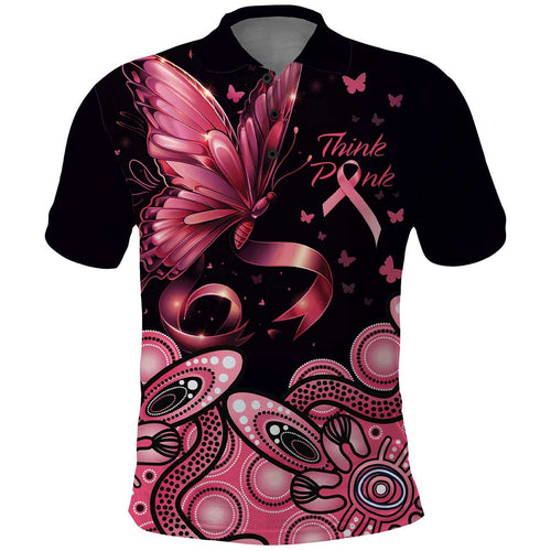 Think Pink Butterfly Ribbon Aboriginal Art Polo Shirt