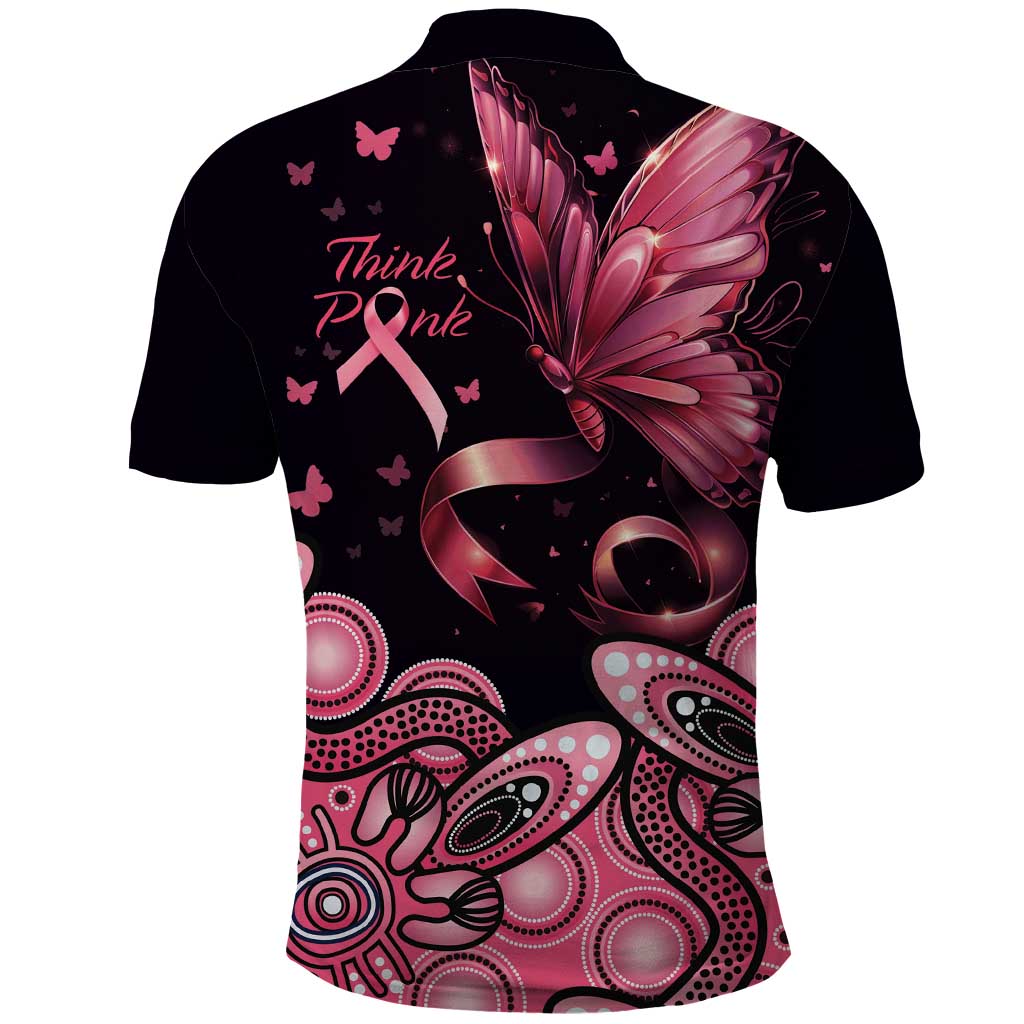 Think Pink Butterfly Ribbon Aboriginal Art Polo Shirt