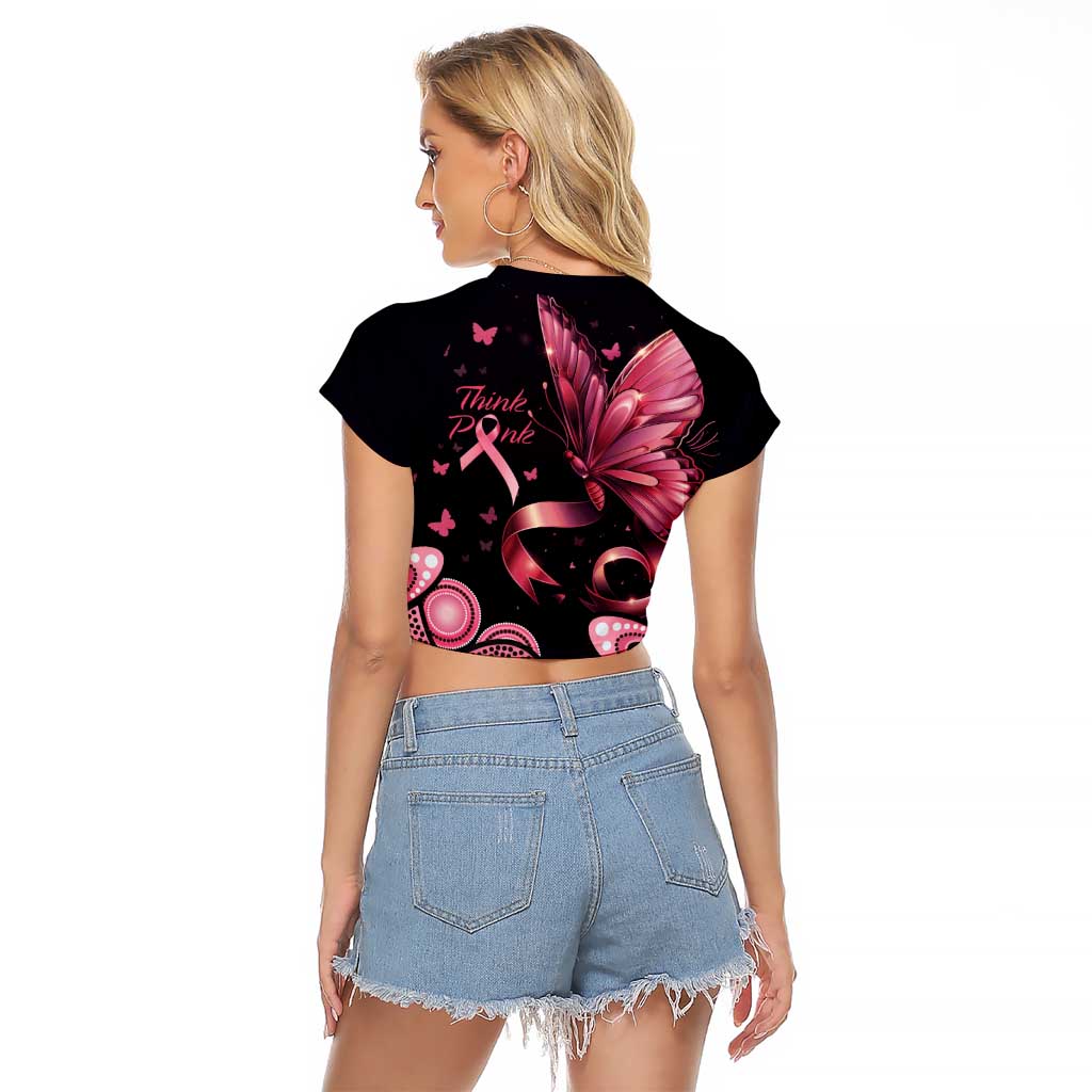 Think Pink Butterfly Ribbon Aboriginal Art Raglan Cropped T Shirt