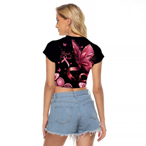 Think Pink Butterfly Ribbon Aboriginal Art Raglan Cropped T Shirt