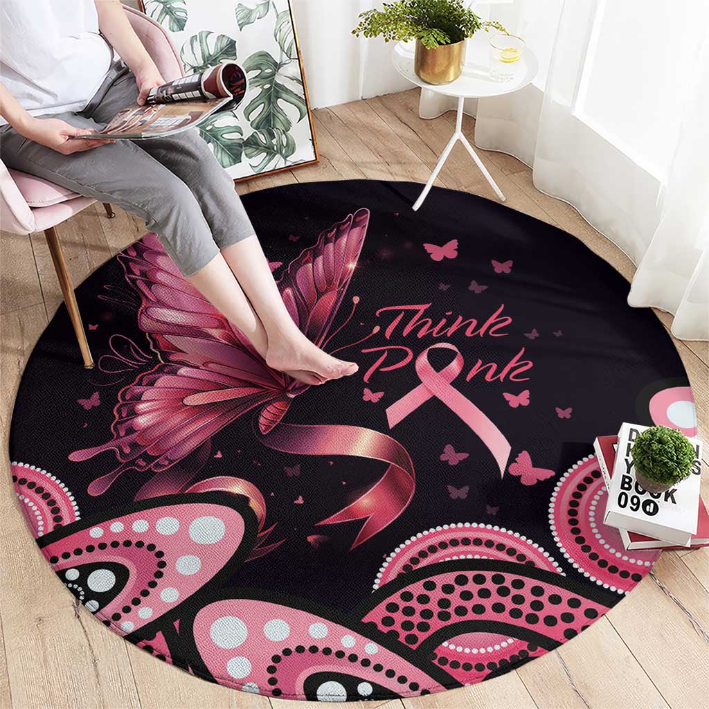 Think Pink Butterfly Ribbon Aboriginal Art Round Carpet