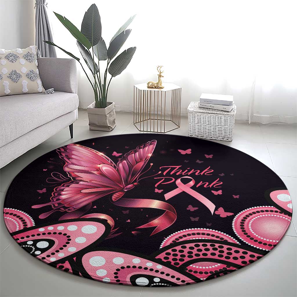 Think Pink Butterfly Ribbon Aboriginal Art Round Carpet