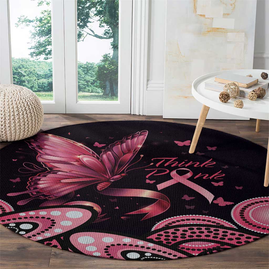 Think Pink Butterfly Ribbon Aboriginal Art Round Carpet