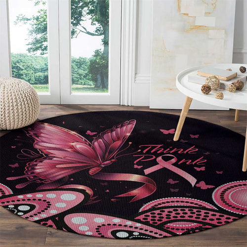 Think Pink Butterfly Ribbon Aboriginal Art Round Carpet