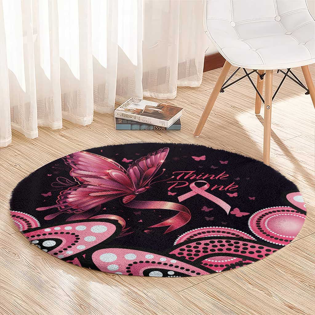 Think Pink Butterfly Ribbon Aboriginal Art Round Carpet