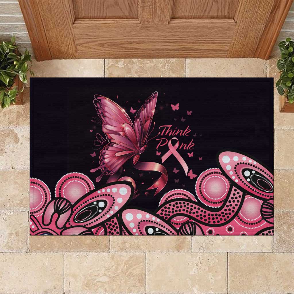 Think Pink Butterfly Ribbon Aboriginal Art Rubber Doormat