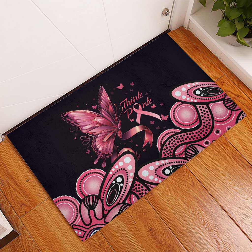 Think Pink Butterfly Ribbon Aboriginal Art Rubber Doormat