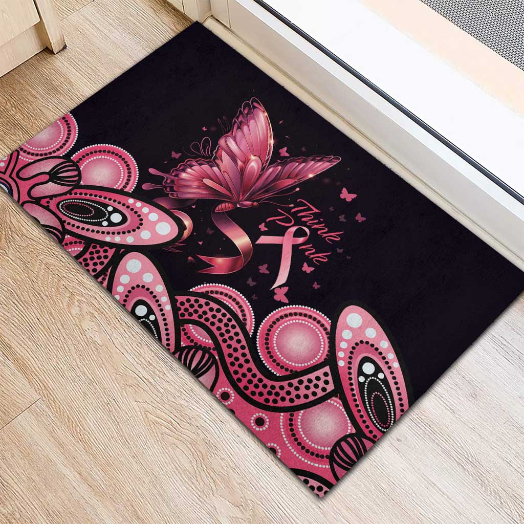 Think Pink Butterfly Ribbon Aboriginal Art Rubber Doormat
