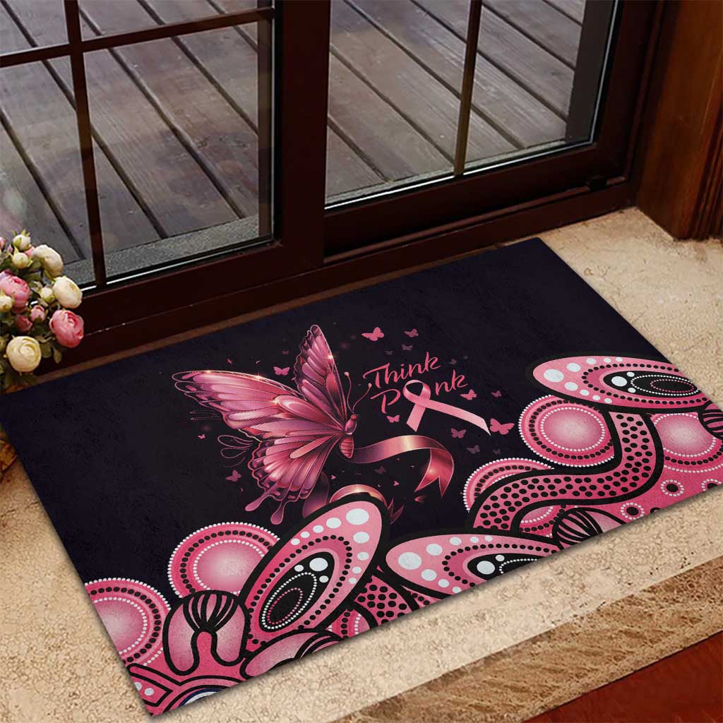 Think Pink Butterfly Ribbon Aboriginal Art Rubber Doormat