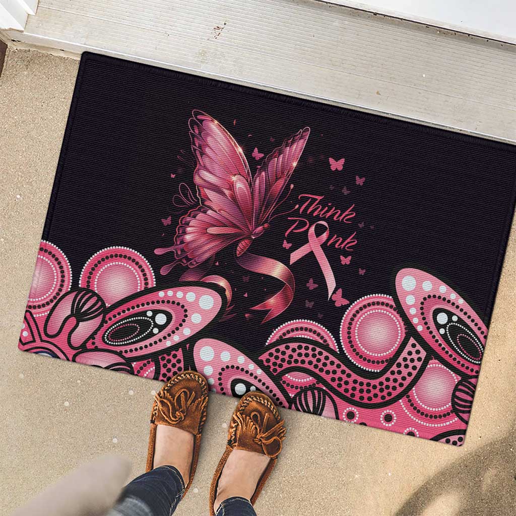Think Pink Butterfly Ribbon Aboriginal Art Rubber Doormat