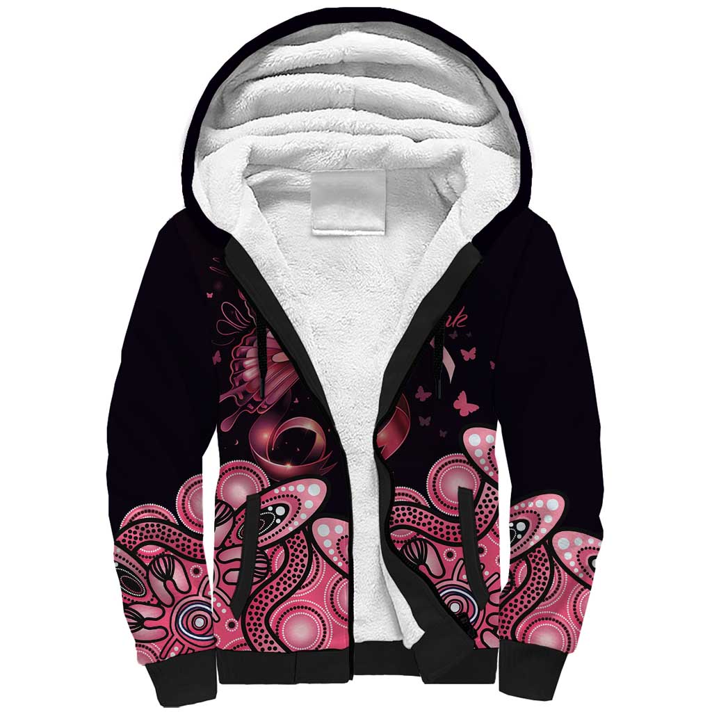 Think Pink Butterfly Ribbon Aboriginal Art Sherpa Hoodie