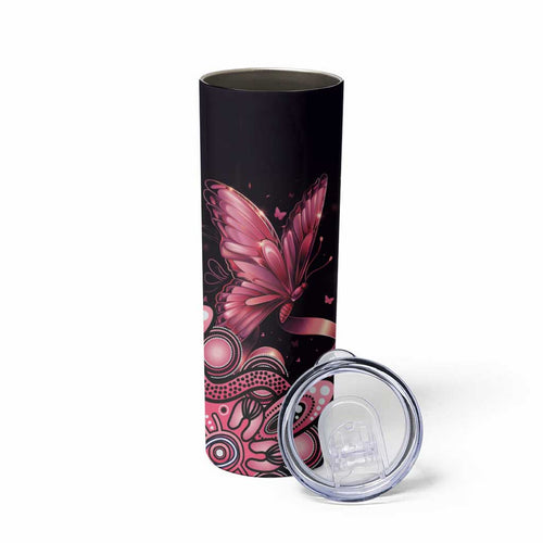 Think Pink Butterfly Ribbon Aboriginal Art Skinny Tumbler
