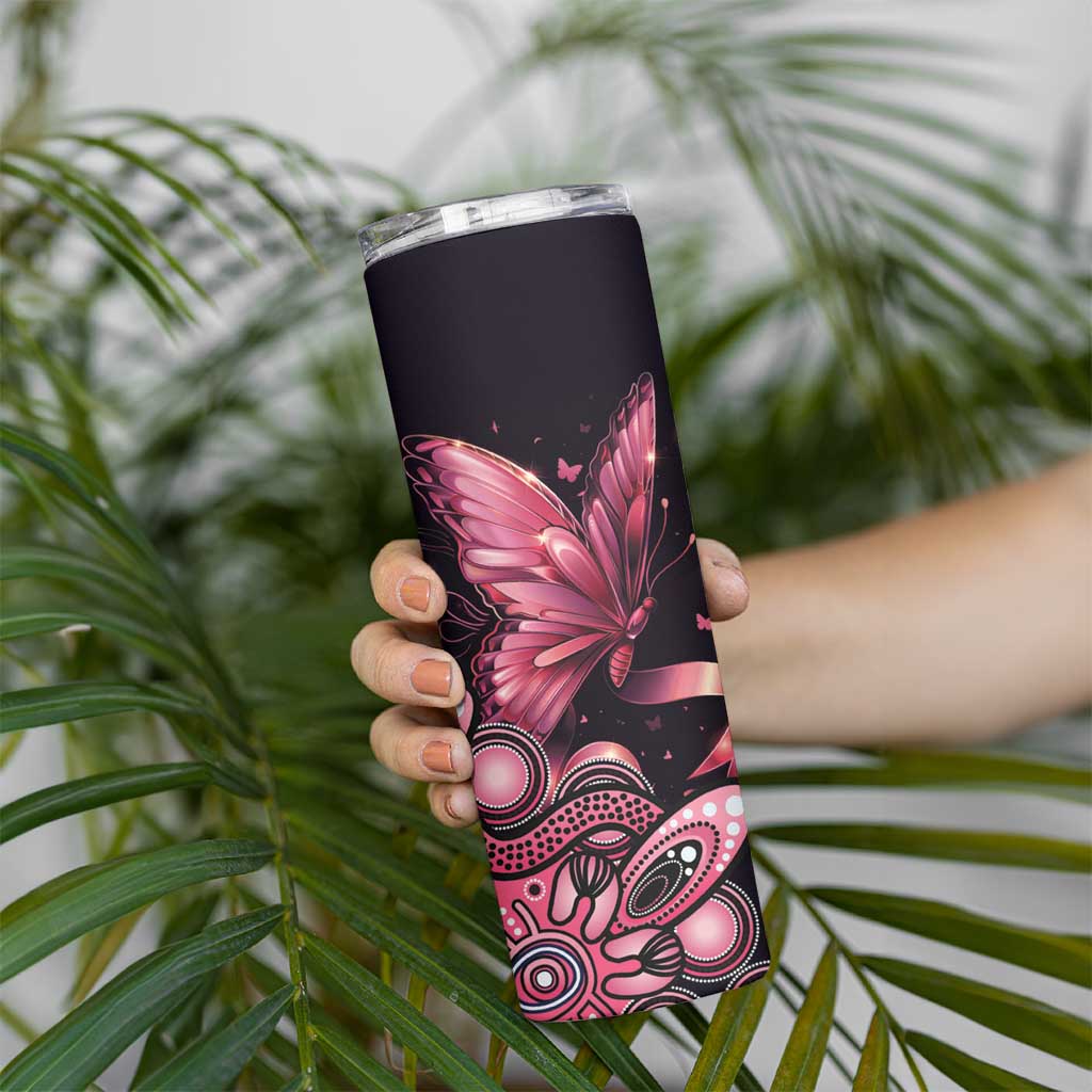 Think Pink Butterfly Ribbon Aboriginal Art Skinny Tumbler