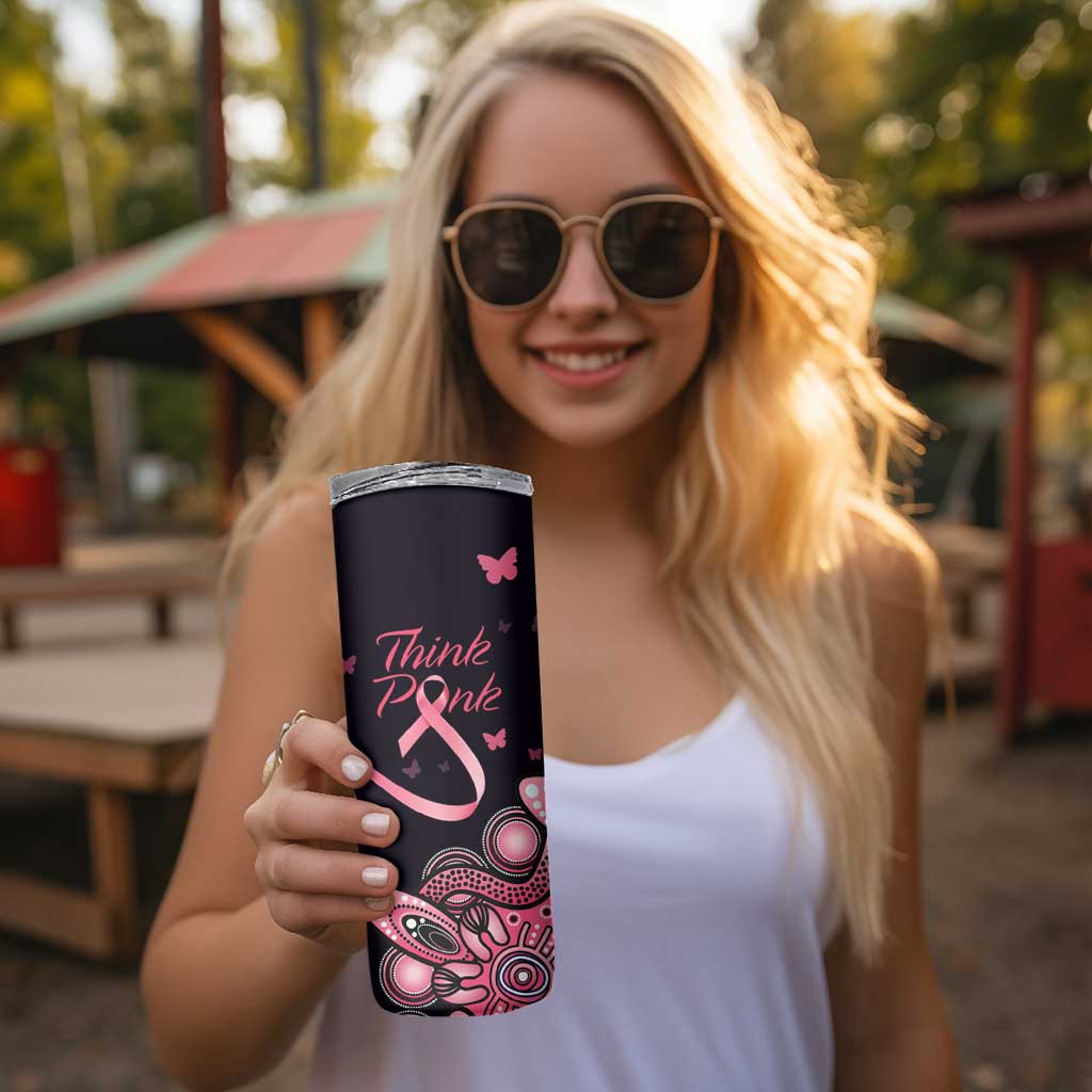 Think Pink Butterfly Ribbon Aboriginal Art Skinny Tumbler