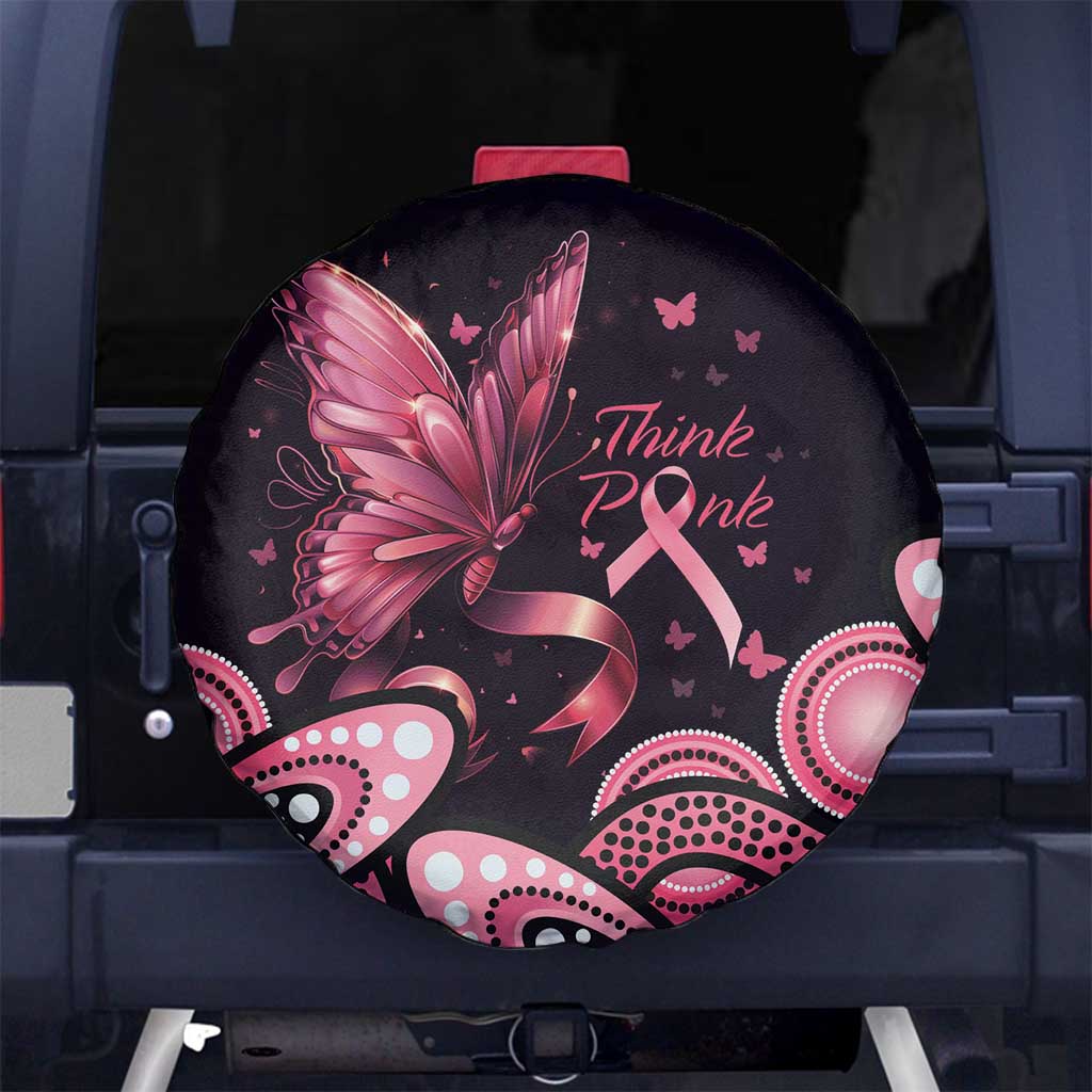 Think Pink Butterfly Ribbon Aboriginal Art Spare Tire Cover