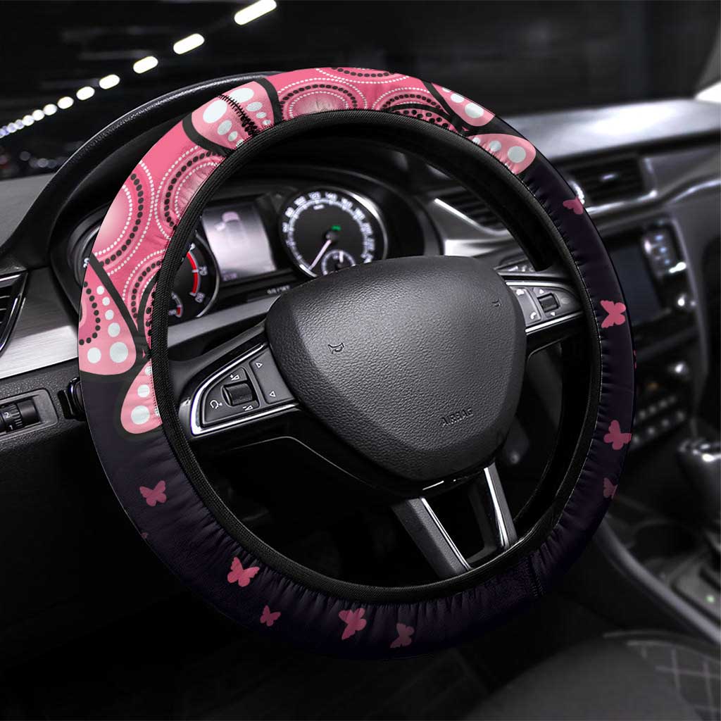 Think Pink Butterfly Ribbon Aboriginal Art Steering Wheel Cover