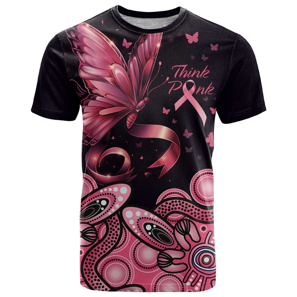 Think Pink Butterfly Ribbon Aboriginal Art T Shirt