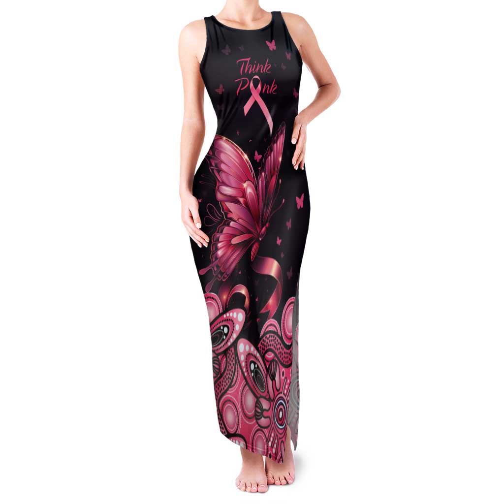 Think Pink Butterfly Ribbon Aboriginal Art Tank Maxi Dress