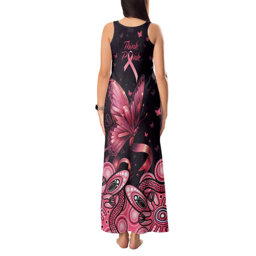 Think Pink Butterfly Ribbon Aboriginal Art Tank Maxi Dress