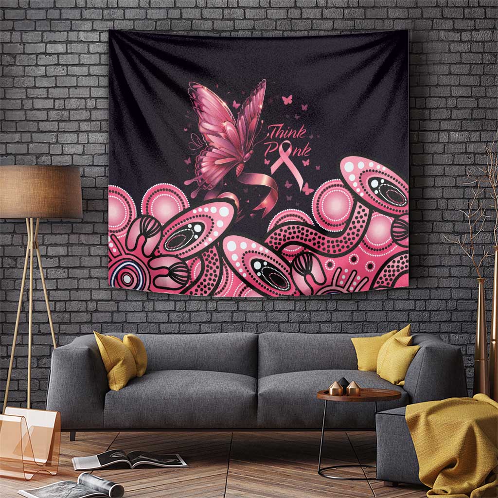 Think Pink Butterfly Ribbon Aboriginal Art Tapestry